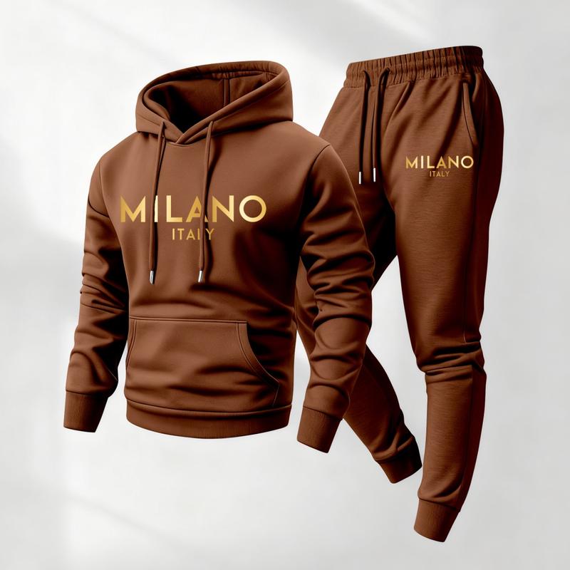 Men's Golden Milano Printed Hoodie and Drawstring Sweatpants Set, Menswear, Casual Athletic Long Sleeve Hooded Jacket & Trousers for Fall & Winter, Men's Clothing for Daily Wear, Sportswear Indoor Outdoor, Tracksuit, Athleisure Summer Clothes02