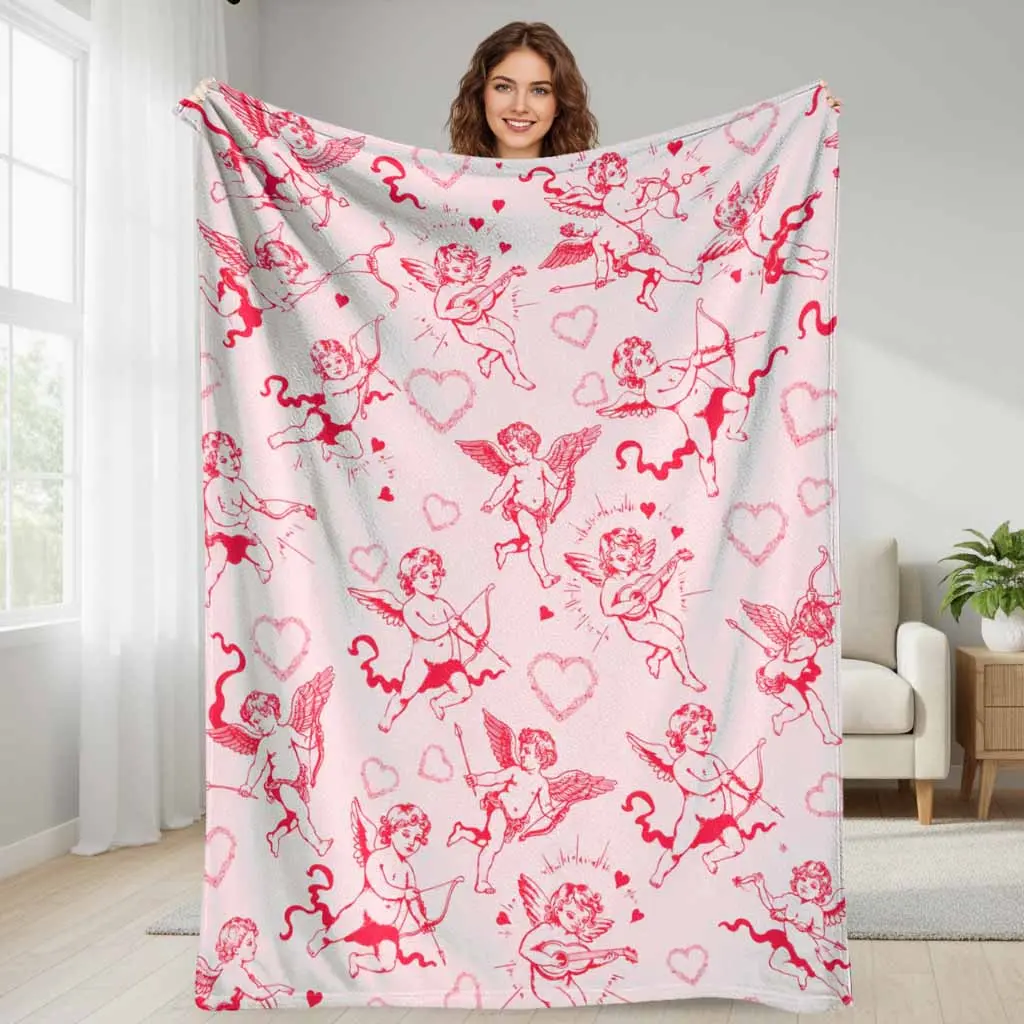 Cupid Pattern Flannel Blanket Vintage Angel and Heart Print Soft Lightweight Cozy Throw for Romantic Valentine Day Decor Anniversary Bedspread Living Room Couch Sofa Warmth Gift