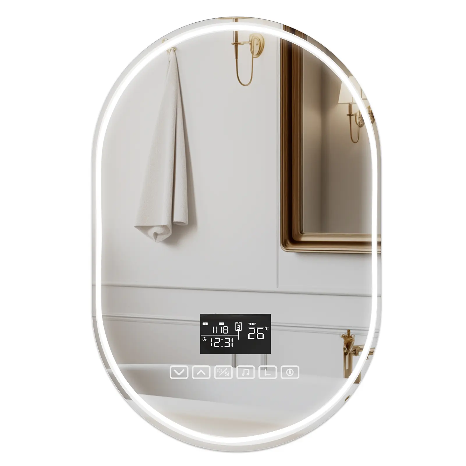 Explorinox 60x90cm Smart Bathroom Mirror Light Wall-Mounted Vanity Mirror Oval LED with Bluetooth Speaker 3 Color Temperatures Shatter-Proof