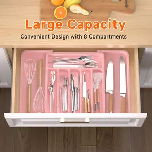1 pack Silverware Drawer Organizer, Expandable BPA Free Utensil Tray for Kitchen, Adjustable Flatware and Cutlery Holder for Spoons Forks Knives, Plastic Kitchen Organizers and Storage, Built in Storage