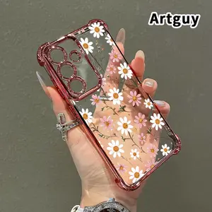 Compatible with Samsung Galaxy S23 Ultra S24 Plus S25 S22+ FE Edge Phone Case Daisy Dreamscape Pattern Four Corner Drop Resistant Electroplated Transparent TPU Soft Trendy Cover