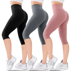 Women's Pockets Knee Length Leggings-High Waisted Capri Pants Biker Shorts for Women Yoga Workout Exercise Casual