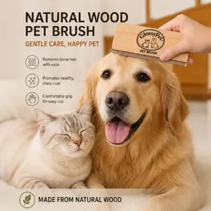 Pet wooden comb in natural color, used for grooming and hair removal, featuring a wooden handle and stainless steel blades, specifically designed for pets to remove hair