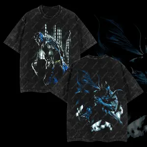 Superstyle The Dark Knight - The Gotham Guardian Ver 03 HeroVerse Comic Edition Double Printed Oversize Lightweight Acid Washed Tee TV Series Graphic Design Top Cotton Streetwear Comic Superheroes T-Shirt Clothes Menswear Womenswear