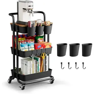 3 Tier Rolling Cart -Cart with Table Top, Organizer Cart with Lockable Wheels, & Cup Holders, Easy Assembly Cart for Office,,, Bedroom (Black)
