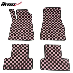 Front Rear Full Set Waterproof Floor Mats for Ford Mustang 2005-2009 Black Pink Plaid Checkered Carpets PP & Loop Pile Surface & TPE Backing 4PCS