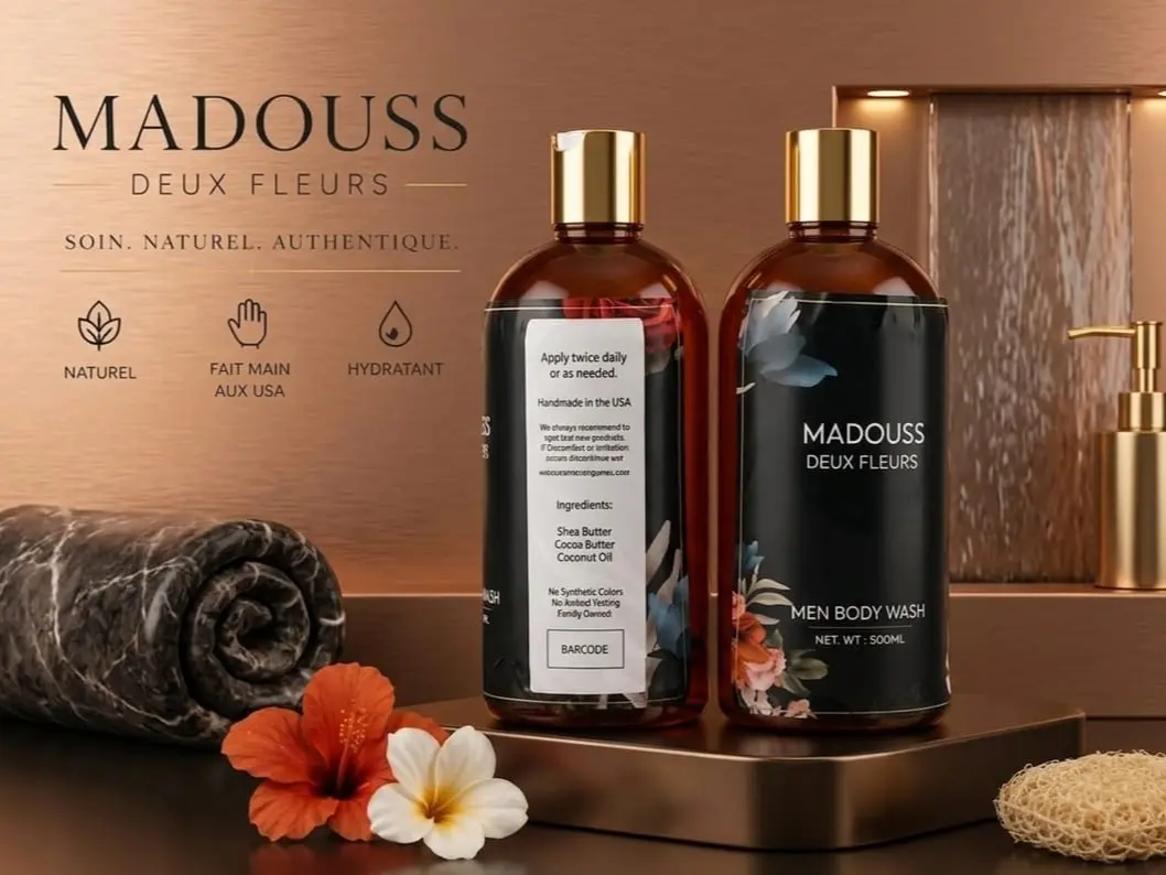 MADDOUSS DEUX FLEURS Men's Natural Body Wash - Hydrating with Shea Butter, Cocoa Butter, Coconut Oil - Luxury Handmade in USA, 300ml
