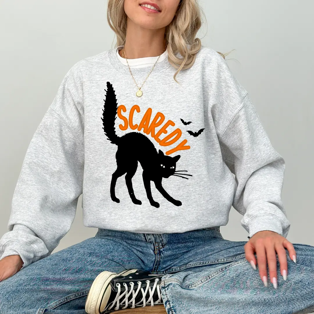 Scaredy Cat Halloween Sweatshirt | Black Cat Graphic Crewneck | Retro Spooky Season Sweatshirt | Cute Cat Lover Fall Pullover | Cozy October Halloween Shirt