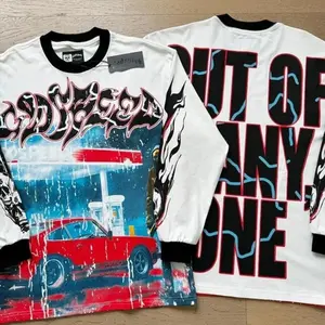 Godspeed Men's Retro Streetwear Long Sleeve T-Shirt, Red Car & Skull Graphic Tee, American High Street Vintage Style, Casual Hip Hop Top, Y2K Oversized Outfit for Men, Trendy Summer Street Style, Perfect for Festivals & Gift Season