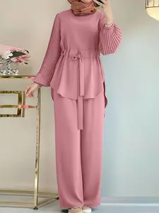 Women's Casual Modest Suit Set, Round Neck Long Sleeve Top, High Waist Drawstring Pants, Loose-Fitting, Plain Design, Ideal for Daily Wear