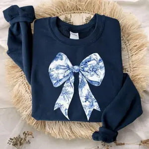 Toile De Jouy Coquette Bow Sweatshirt, Blue Ribbon Sweatshirt, Girly Aesthetic Crewneck, Blue Toile Bow Sweater, Women Hoodie, Gift for Her