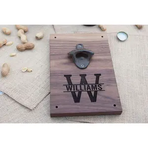 Engraved Walnut Wood Beer Bottle Opener Wall Mount - Personalized with Monogram Initial and Client's Last Name