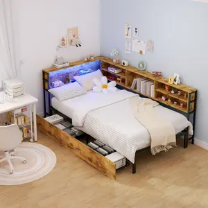 Corner Bed Frame with Storage Bookcase, Twin Daybed with Storage Drawers Underneath, Kids Bed Unit with Charging Station and LED Light