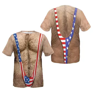 Funny 3D Hairy Chest Mankini T-Shirt - Patriotic USA Flag Fake Body Gag Gift Tee - Men's 4th of July Independence Day Party Apparel