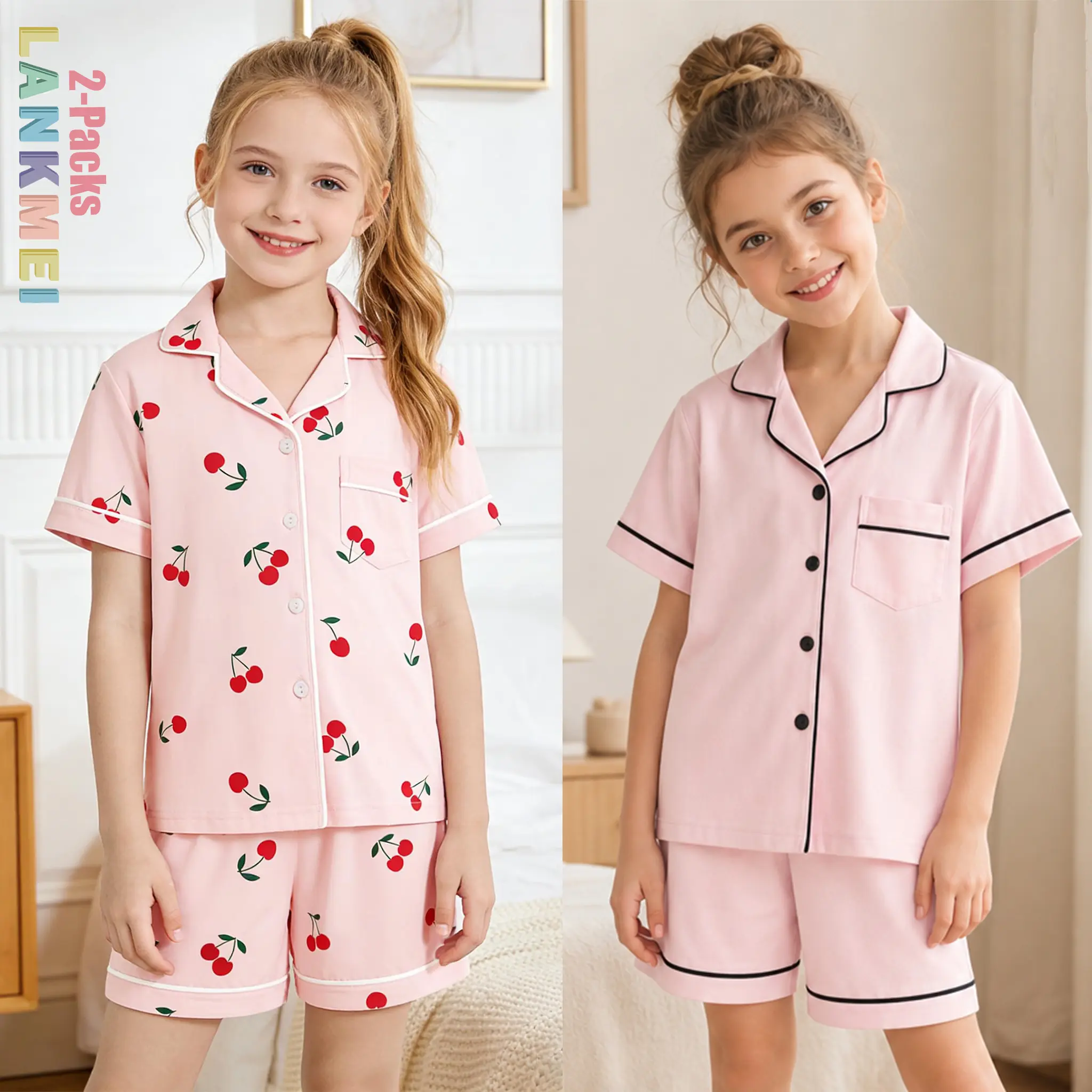Girls' 100% Pure Cotton 2-Pack Short Sleeve Pajama Matching Set - Soft, Breathable Summer Sleepwear with Leopard Print, Thanksgiving Graphic Prints, Elastic Waist, Medium Stretch, Ages 4-14, Machine Washable for Birthdays & Lounging