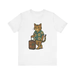 Men's cat traveling with suitcase Graphic T-Shirt - Short Sleeve Crew Neck Regular Fit Casual Wear | Soft & Breathable Fabric, Durable Print, Everyday Comfort, Machine Washable, retro 90s cartoon illustration a cat wearing a floral shirt and pulling a