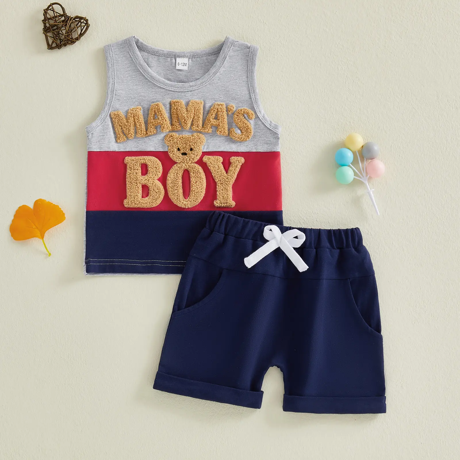 Baby Boy Cute Letter Bear Embroidered "Mom's Boy" Two Piece Set, Sleeveless Color blocked Tank Top and Navy Blue Shorts, Cute Summer Casual Set (6M-4T)
