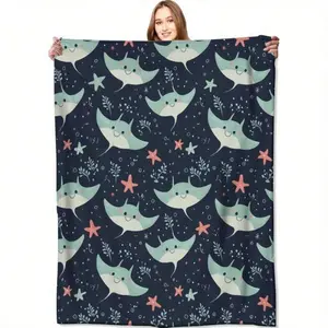 Smiling Stingray & Starfish Throw Blanket - Lightweight Soft Fleece, Playful Ocean-Themed Design With Whimsical Stingrays & Starfish, Dark Blue Background, Perfect For Sofa, Couch, Or Bed Decor, Machine Washable, All-Season Use, Ocean Lover Gift,