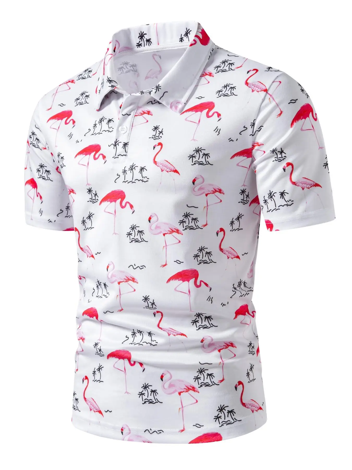 Men's Flamingo & Trees Print Button Front Half Placket Polo Shirt, Regular Fit Casual Soft Comfy Short Sleeve Collared Top for Summer, Men's Clothes f