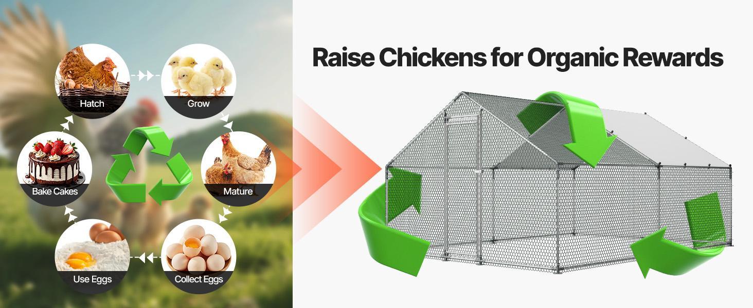 VEVOR Large Metal Chicken Coop, 9.8 x 13.1 x 6.6 ft, Walk-in Chicken Runs with Waterproof Cover, Spire Roof Hen House Enclosure with Lock, Outdoor Duck Rabbit Cage Poultry Pen for Backyard, Farm, Yard