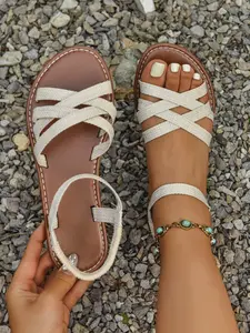 Women's Braided Cross Strap Roman Sandals, Flat Elastic Ankle Straps, Summer Footwear, Comfortable Slip-On Design
