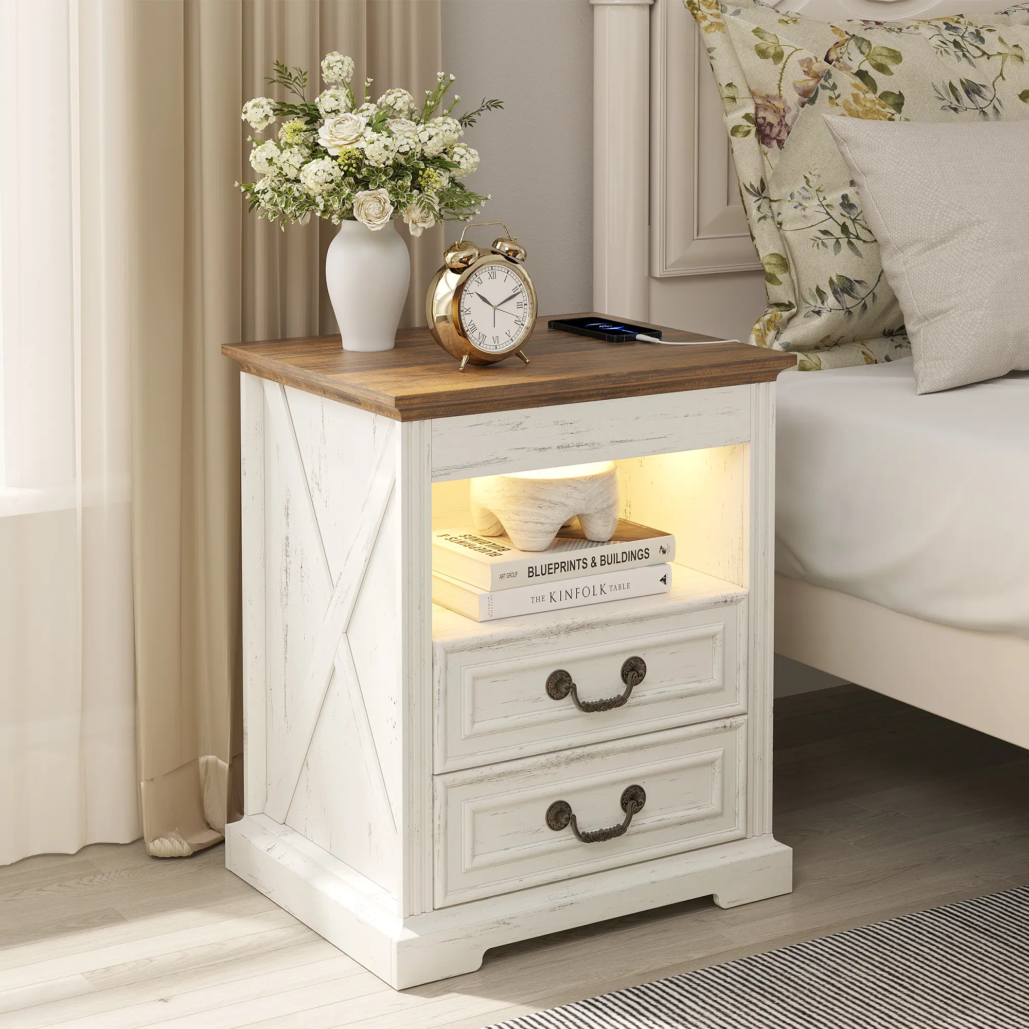 Lvifur Night Stand Set  with Gun Drawer, Bedside Tables with LED Light & Human Sensor, Nightstands Gun Safe with 2 Drawers for Bedroom, Farmhouse End Table with Charger Station