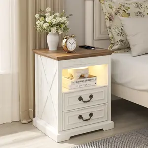 Lvifur Night Stand Set  with Gun Drawer, Bedside Tables with LED Light & Human Sensor, Nightstands Gun Safe with 2 Drawers for Bedroom, Farmhouse End Table with Charger Station