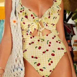 Cherry Bliss Noor Yellow Cherry Print One-Piece--=%2=- Swimsuit=%2=-- with Ruffle Detail and Bow Tie Front neon swimsuit