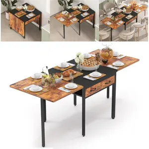 Industrial Extendable Folding Dining Table with Drawers, Space-saving Drop Leaf Table for 6-8 People, Collapsible Kitchen & Dining Furniture Suitable for Dining Room, Living Room and Restaurant console Adjustable Mobile Standing Desk Wheels entryway