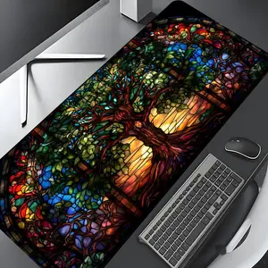 Stained Glass Window Grand Tree Pattern Mouse Pad, Rectangle Gaming Mouse Pad, Non-slip Rubber Pad, Desktop Decoration Protective Pad for Home, Office, Desk Accessories