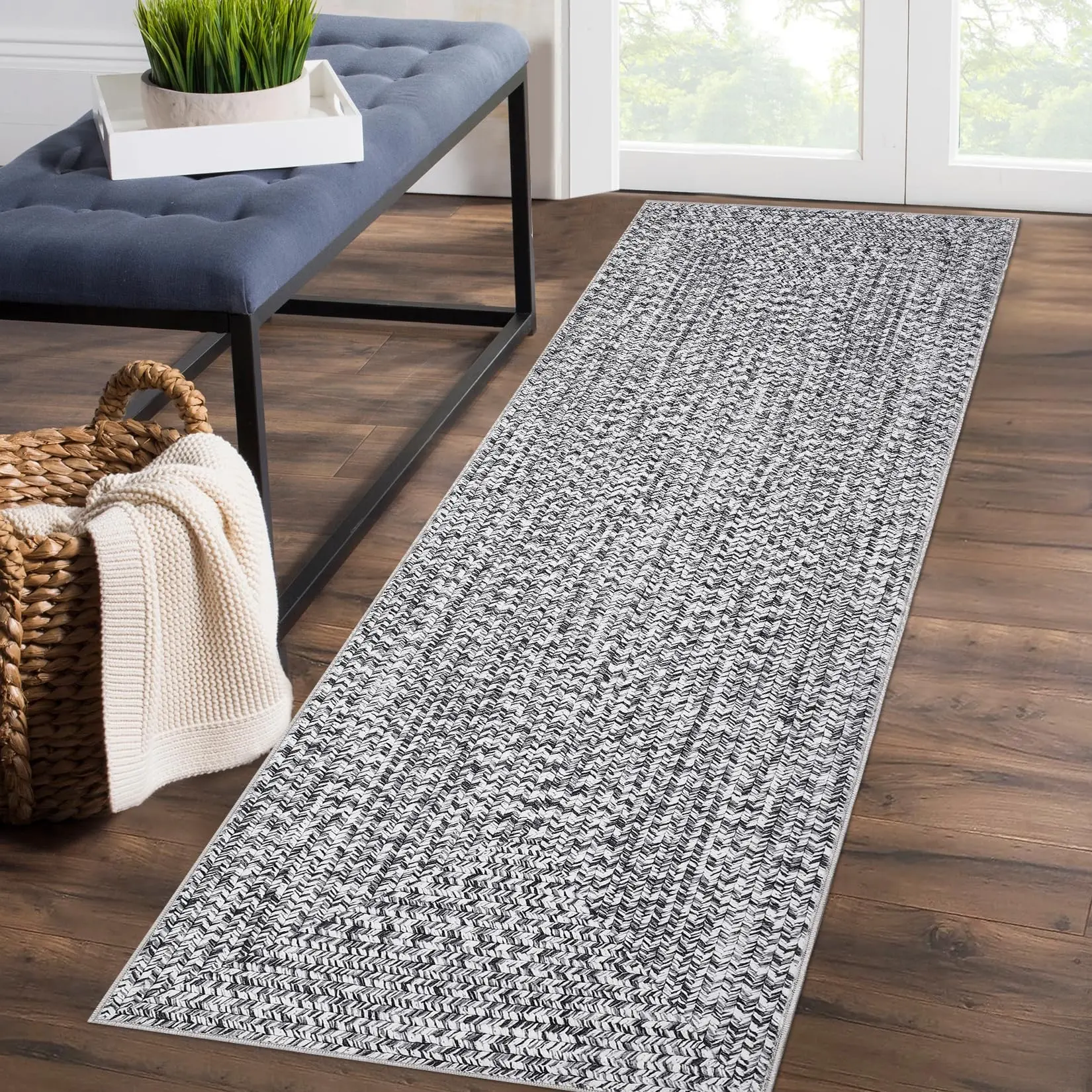 GARVEE Runner Rug 2x8 Washable Rug Non Slip Printed Braided Hallway Runner Carpet Solid Printed Weaving Low Pile Floor Cover for Kitchen Laundry Room Entryway, Grey/ 2'×8'