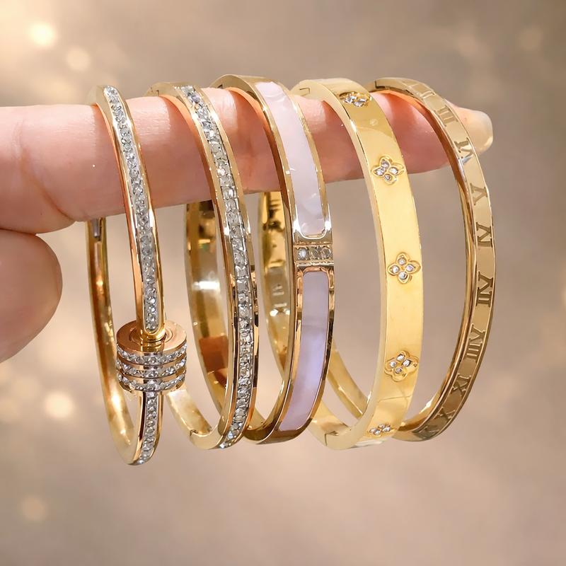 18K Elegant Stainless Steel Bangle Bracelet Set, 5-Piece Fashionable Classic Design, Jewellery Accessories, Perfect for Daily Wear & Special Occasions