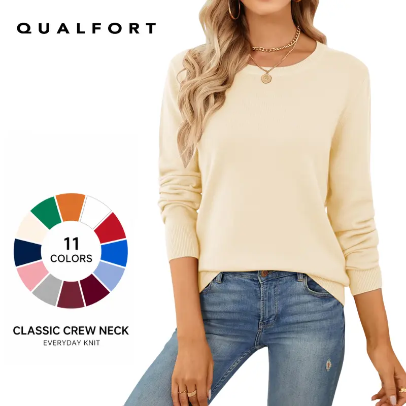 QUALFORT Women’s Longsleeves Knitting Sweater - Spring Round Neck Crewneck Pullover, Breathable Comfortable Soft Lightweight Casual Women's Knitwear Basic Top, Mother’s Day Gift for Mom, Long Sleeve Tops Women, Tops Women