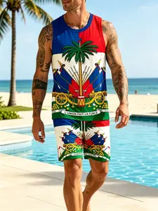 Haiti Flag Badge Print Sleeveless Tank Top and Shorts Set, Summer Men's Casual Sport Slim Fit Two-Piece Beach Wear, Comfortable and Stylish Beachwear