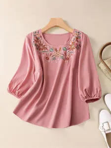 Elegant Casual Round Neck Floral Embroidered Long Sleeve Shirt for Women, Loose-Fitting Spring New Arrival, Perfect for Daily Wear