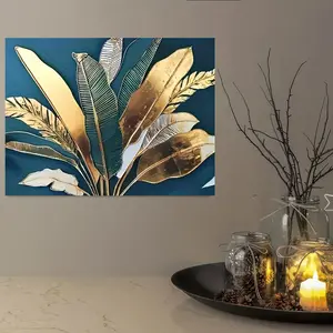 Stunning Golden & Blue Palm Leaf Canvas Art, 12x16in - Frameless Tropical Wall Decor for Living Room, Bedroom, Bathroom