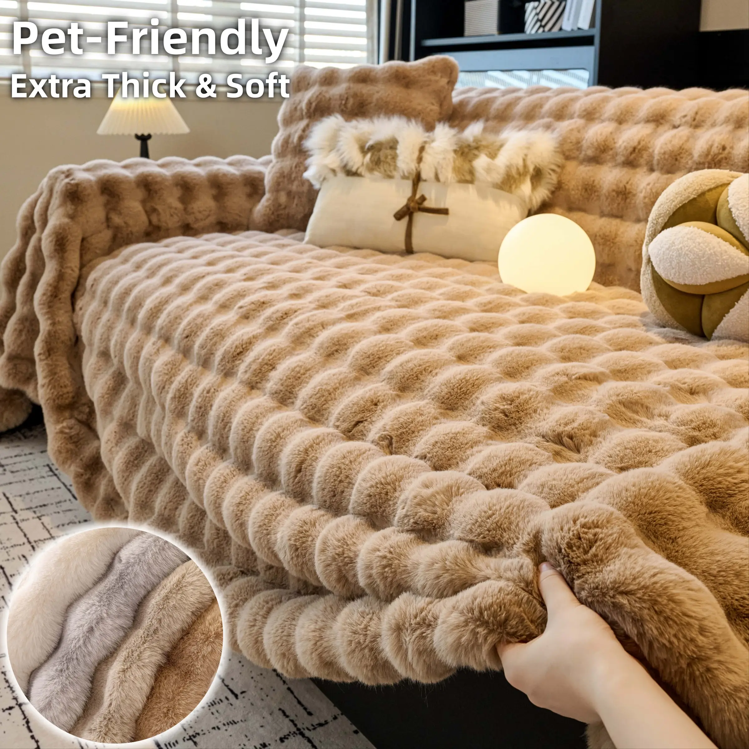 Solid Color Faux Fur Sofa Throw Blanket, Bubble Plush Couch Cover, Sofa Slipcover, Extra Thick Pet Friendly Sofa Cover, Washable Couch Covers, Machine Washable Couch Protector for 1-4 Seater or L Shaped Sectional Living Room Decor