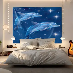 Glowing Blue Dolphin Starry Sky Printed Tapestry, Dreamy Ocean Themed Wall Hanging, Ideal for Living Room, Bedroom and Dorm Home Wall Decor, Perfect Gift for Kids, Adults and Nature Lovers