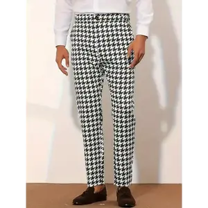 Men's Houndstooth Dress Pants - Slim Fit, Stretch Fabric, Button Detail, Machine Washable, Versatile for Casual and Semi-Formal Occasions, Semiformal Trousers | Modern Tailored Look | Polyester Blend