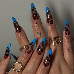 Blue French Tip Leopard Press On Nails, Blue Leopard Print Fake Nails, Fierce Press On Nails, Handmade Nail Set, Stiletto Leopard Press Ons