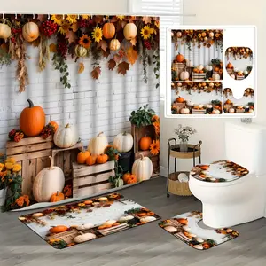 1/4pcs Creative Thanksgiving Harvest Pumpkin Pattern Shower Curtain Set with Anti-slip Floor Mat, U-shaped Mat, Toilet Seat Mat, and 12 Durable Hooks, Easy to Clean and Maintain, Bathroom Decoration and Accessories