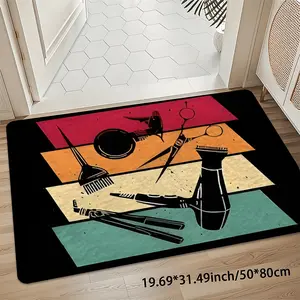 Hairdressing Tools Salon Pattern Rug, Barber Shop Door Mat & Entryway Rug for Stylist, 8mm Thick 850gsm Soft Velvet Mat, Non-Slip Washable Runner for Kitchen Bathroom Bedroom Living Room Laundry Room Mudroom Garden Camping Office Welcome Area Rugs Carpet