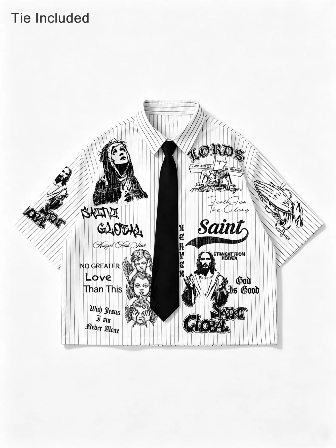 2Pcs Y2K Religious Saint Print Striped Short Sleeve Button Up Shirt With Tie Set, Gothic Streetwear Oversized Top For Men Women Daily Casual Festival Party