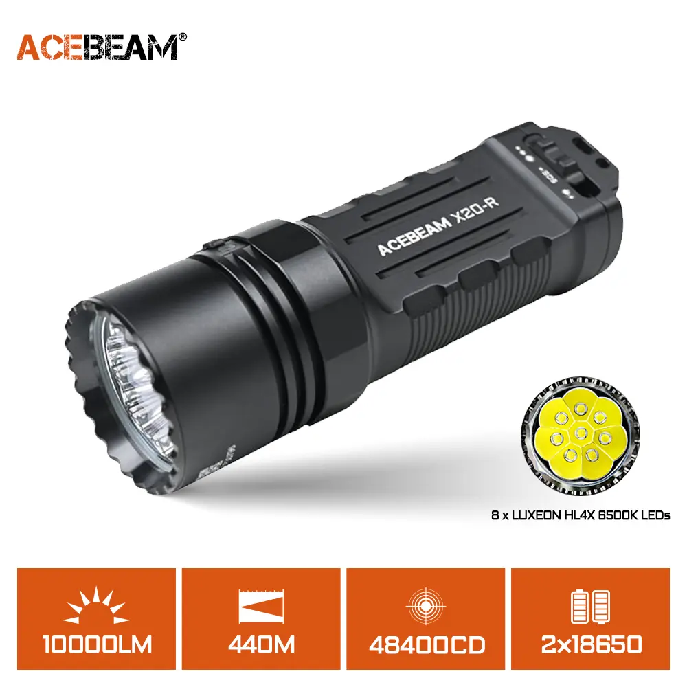 ACEBEAM Tactical High Lumen Flashlight for Adults, 10000 Lumen High Power Torch with Compact Grip, Rechargeable via USB Port, Aluminum Body with Glass Lens for Search & Rescue, Led Rechargeable Flashlights