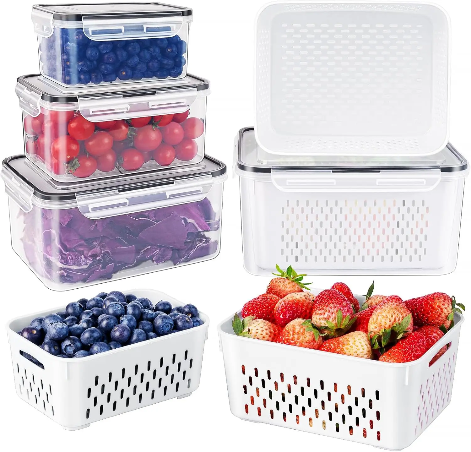 4 PCS Fridge Produce Storage Containers All-In-One Fruit Washing Bowl with Strainer Leakproof Design for Fresh Produce Versatile Storage for Salads Berries Vegetables and Meat
