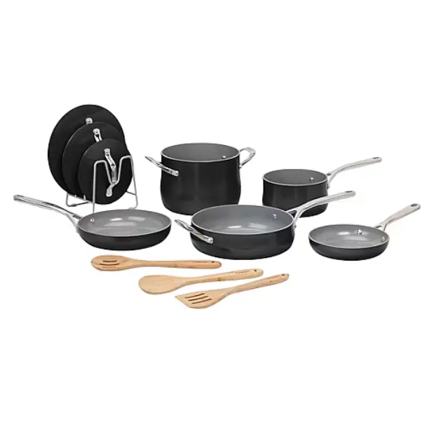 Cuisinart Culinary Collection 12-Piece Ceramic Nonstick Cookware Set, Induction Compatible Pots and Pans, Dishwasher Safe, Stainless Steel Handles, Tempered Covers, Saucepan, Saute Pan, Stockpot, Skillets & Bamboo Utensils