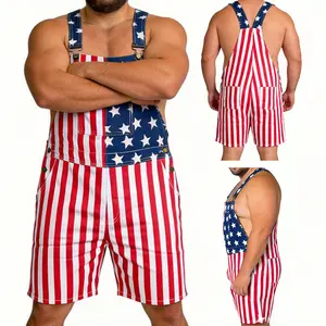 American Flag Denim Short Overalls Adult Unisex, Soft Stretch Bib Shorts, Trendy Summer Patriotic Outfit for Outdoor Festivals