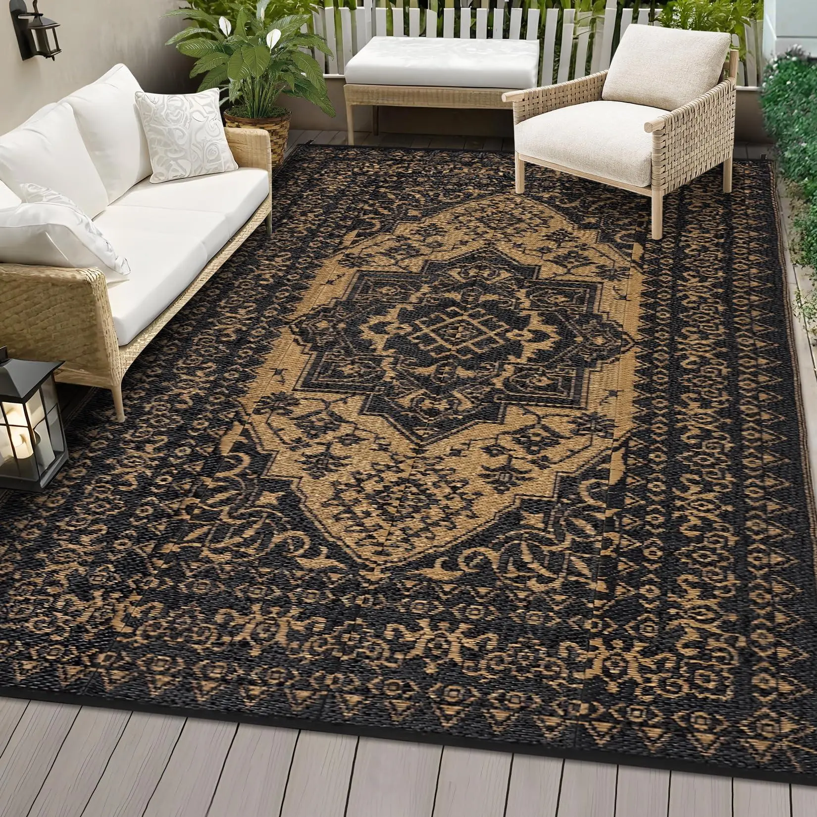 Outdoor Patio Rugs 8x10 Waterproof Reversible Plastic Straw Mat, Large Vintage Medallion Boho Area Rug Indoor Outdoor Rugs for Deck, Balcony, Pool, Camping, Beach, Picnic, Porch, RV,Black&Brown