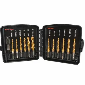 Drill Tap Set with Quick-Change Adapter of 13 count, 6 SAE Sizes: 6-32NC to 1/4-20NC, 6 Metric Sizes: M3 to M10, Titanium Combination Drill & Tap Bit Set for Drilling Threads, Tapping