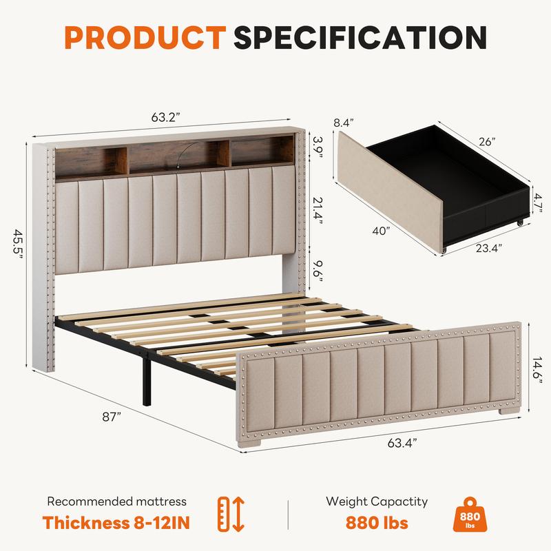 Upholstered Storage Bed Frame With LED Lights – 4 Built In Drawers & Headboard Charging Station – Modern Platform Bed For Small Bedroom And Master Suite